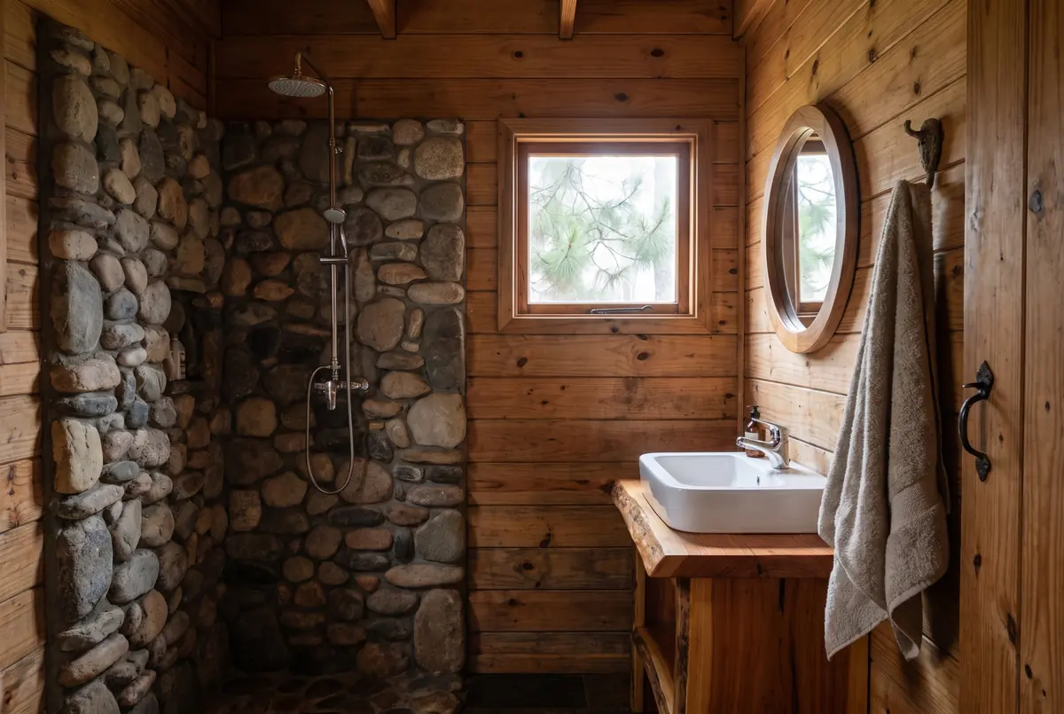 Baño de madera y piedra