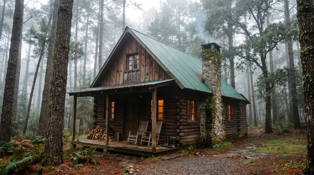 Cabaña Niebla entre pinos en una mañana de neblina