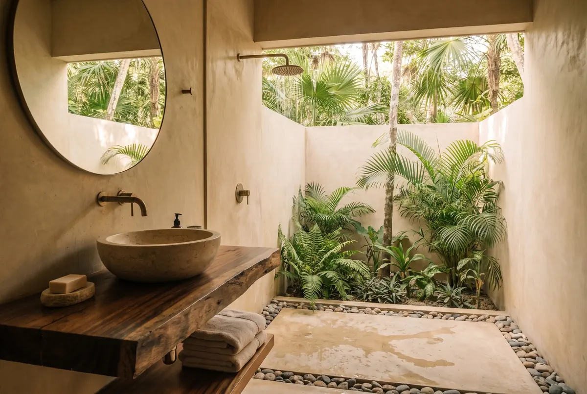 Baño semiabierto con regadera entre plantas