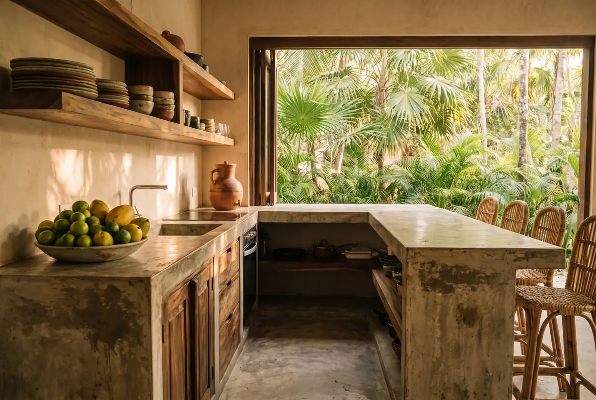 Cocina de concreto y madera tropical