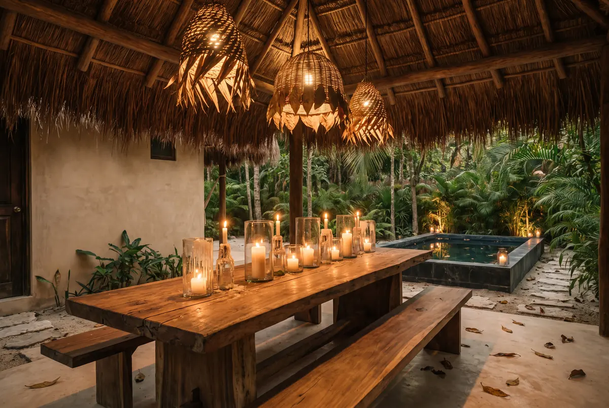 Comedor bajo la palapa al atardecer