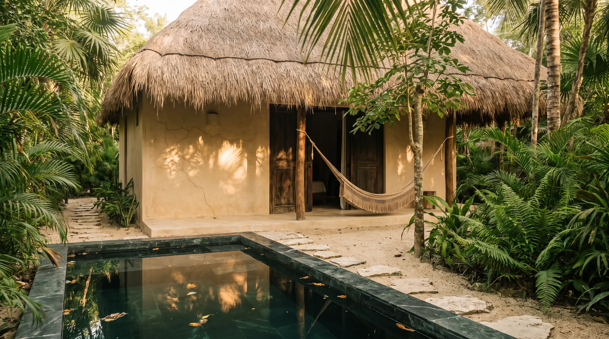 Casa Arena con techo de palapa y alberca entre la selva