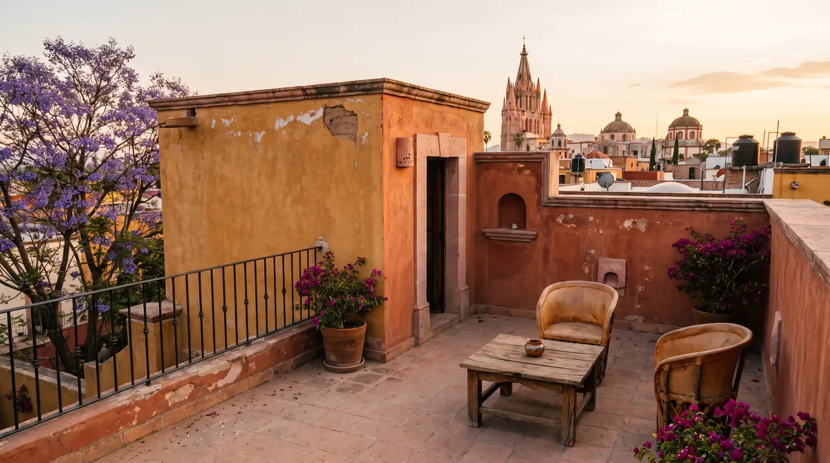 Terraza del Loft Jacarandas con vista a la Parroquia