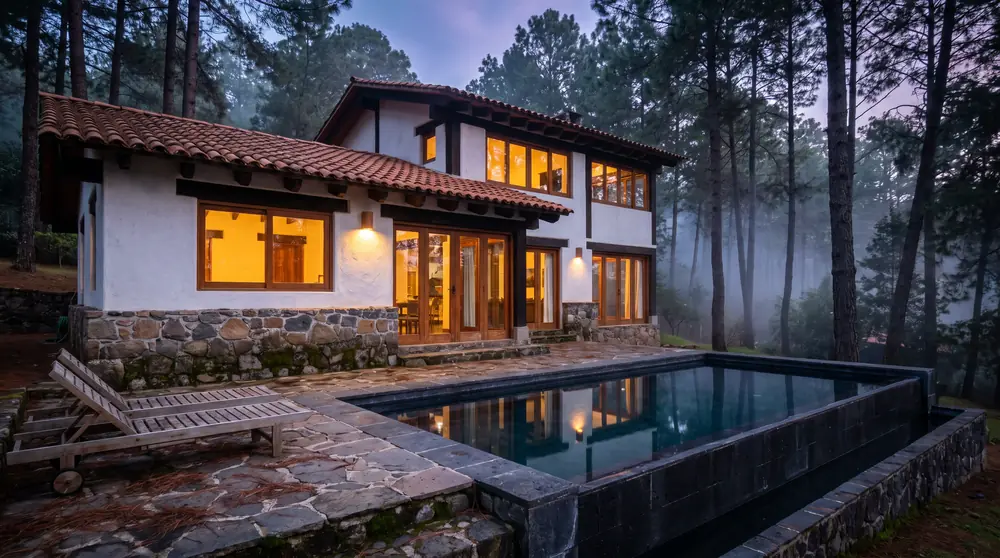 Villa Bruma al anochecer, entre pinos y neblina