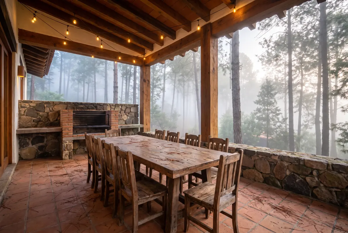 Terraza techada con comedor y asador